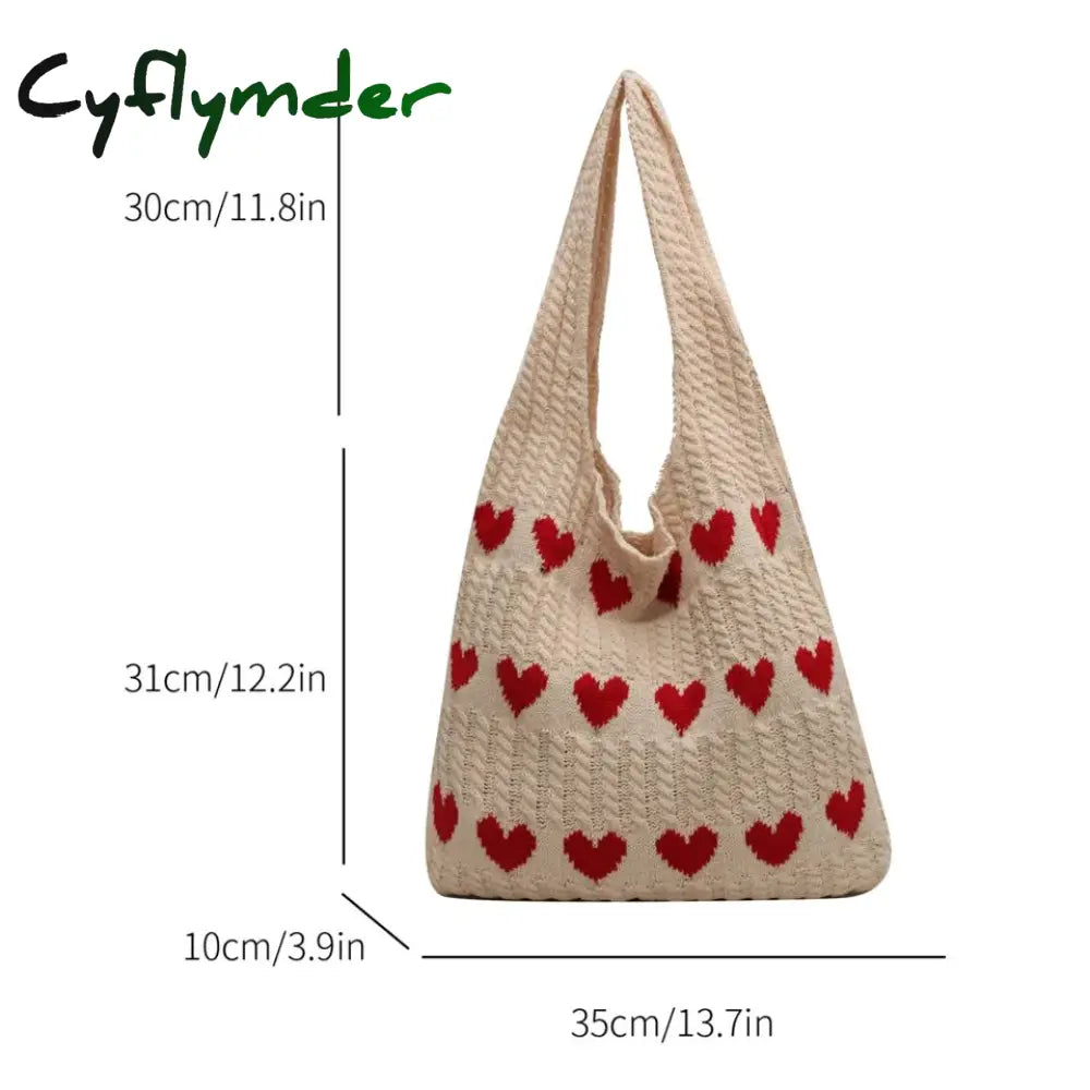 Cyflymder Heart Knit Women’s Bag Knitted Eco Korean Fashion Shopping Y2K Crochet Rope Shoulder