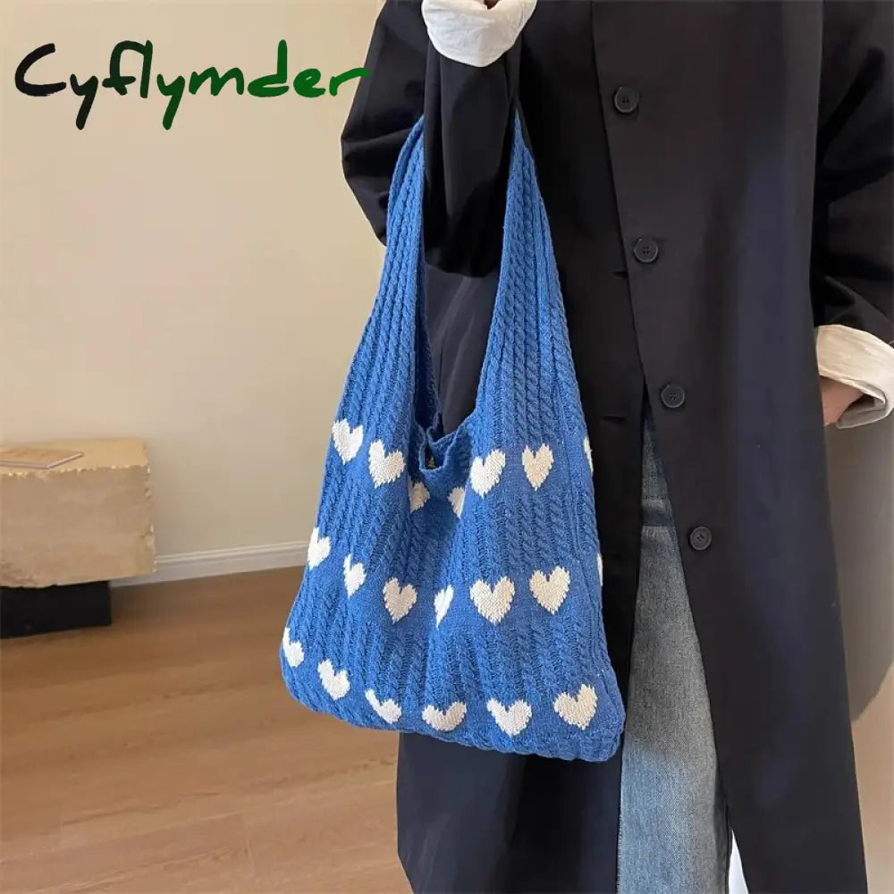 Cyflymder Heart Knit Women’s Bag Knitted Eco Korean Fashion Shopping Y2K Crochet Rope Shoulder