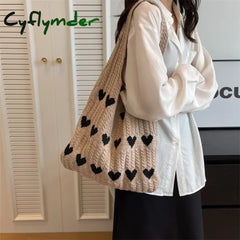 Cyflymder Heart Knit Women’s Bag Knitted Eco Korean Fashion Shopping Y2K Crochet Rope Shoulder