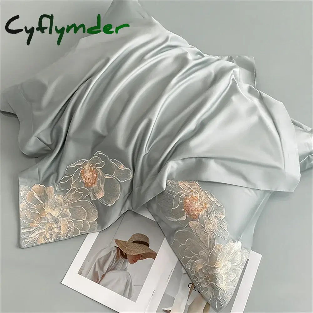 Cyflymder High-End Floral Embroidery Green Red Bedding Set Luxury Egyptian Cotton Solid Duvet Cover Flat or Fitted Bed