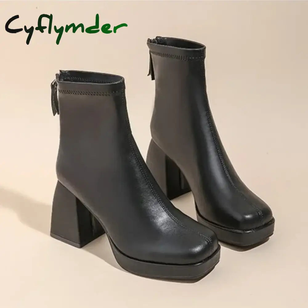 Cyflymder High Heels Short Boots Women Fashion Shoes Autumn Winter Chunky Heels Waterproof Square Toe Plus Size Ankle