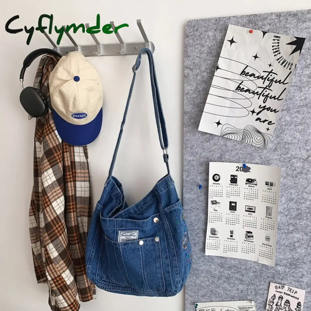 Cyflymder High Quality Canvas Women’s Shoulder Bag Unisex Denim Blue School Student Casual