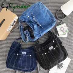 Cyflymder High Quality Canvas Women’s Shoulder Bag Unisex Denim Blue School Student Casual