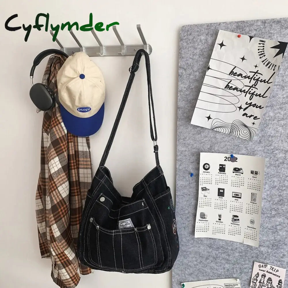 Cyflymder High Quality Canvas Women’s Shoulder Bag Unisex Denim Blue School Student Casual