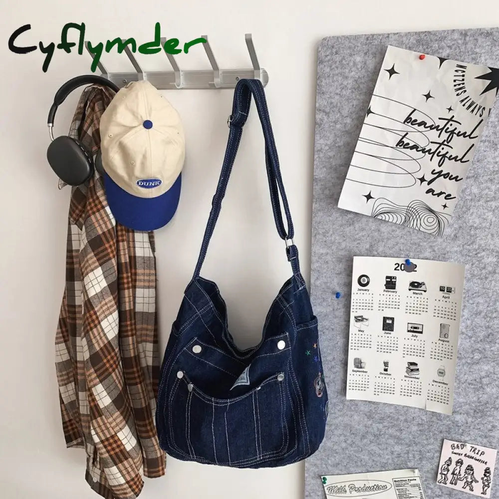 Cyflymder High Quality Canvas Women’s Shoulder Bag Unisex Denim Blue School Student Casual