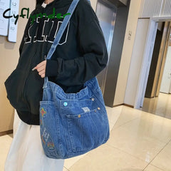 Cyflymder High Quality Canvas Women’s Shoulder Bag Unisex Denim Blue School Student Casual