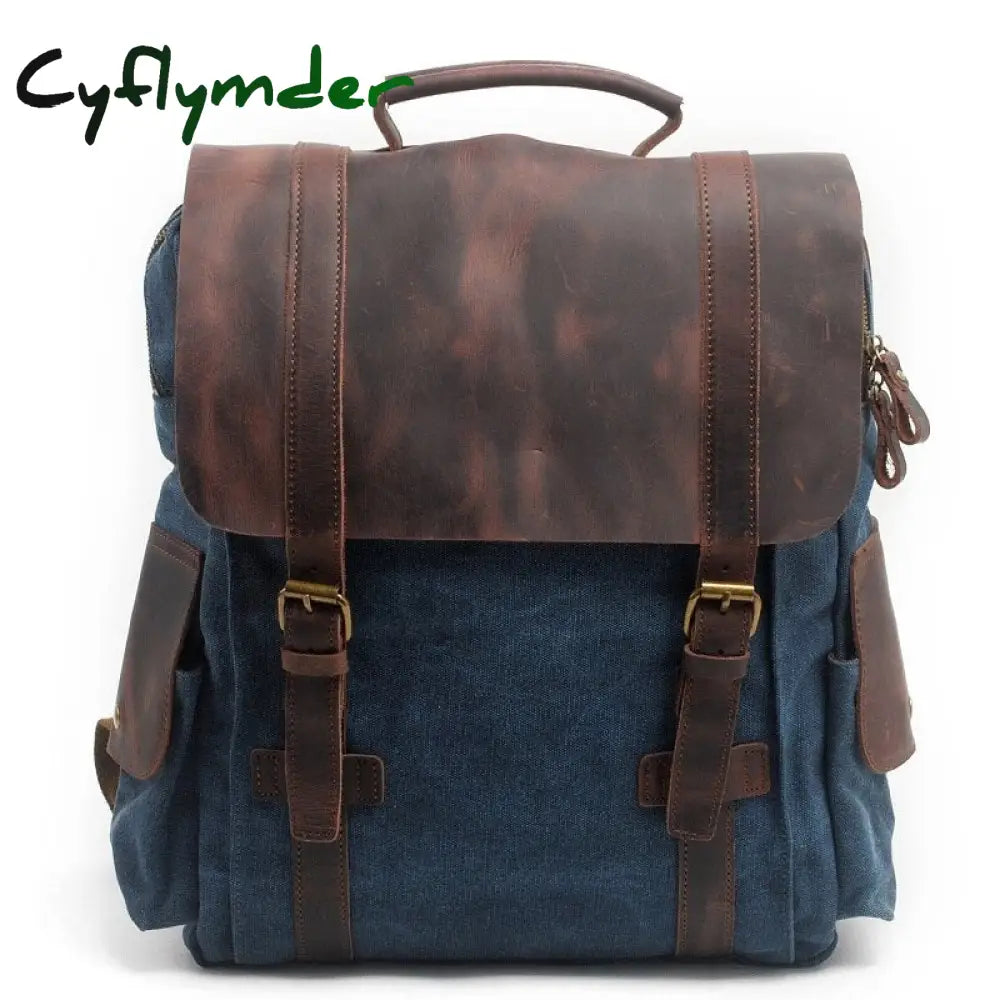 Cyflymder High Quality Men’s Backpacks Leather Canvas Laptop Backpack School Bag Fashion