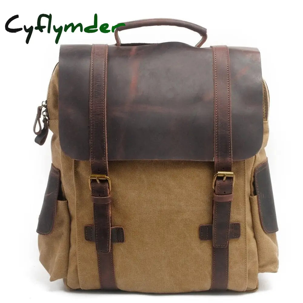 Cyflymder High Quality Men’s Backpacks Leather Canvas Laptop Backpack School Bag Fashion