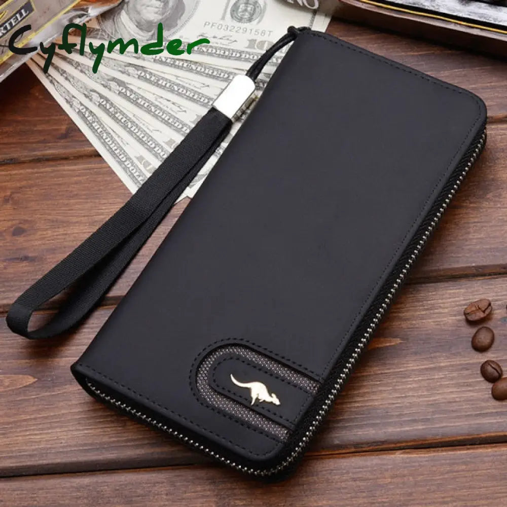 Cyflymder High Quality Men’s Leather Wallet Zipper Long Purse Big Capacity Clutch Phone Bag Wrist