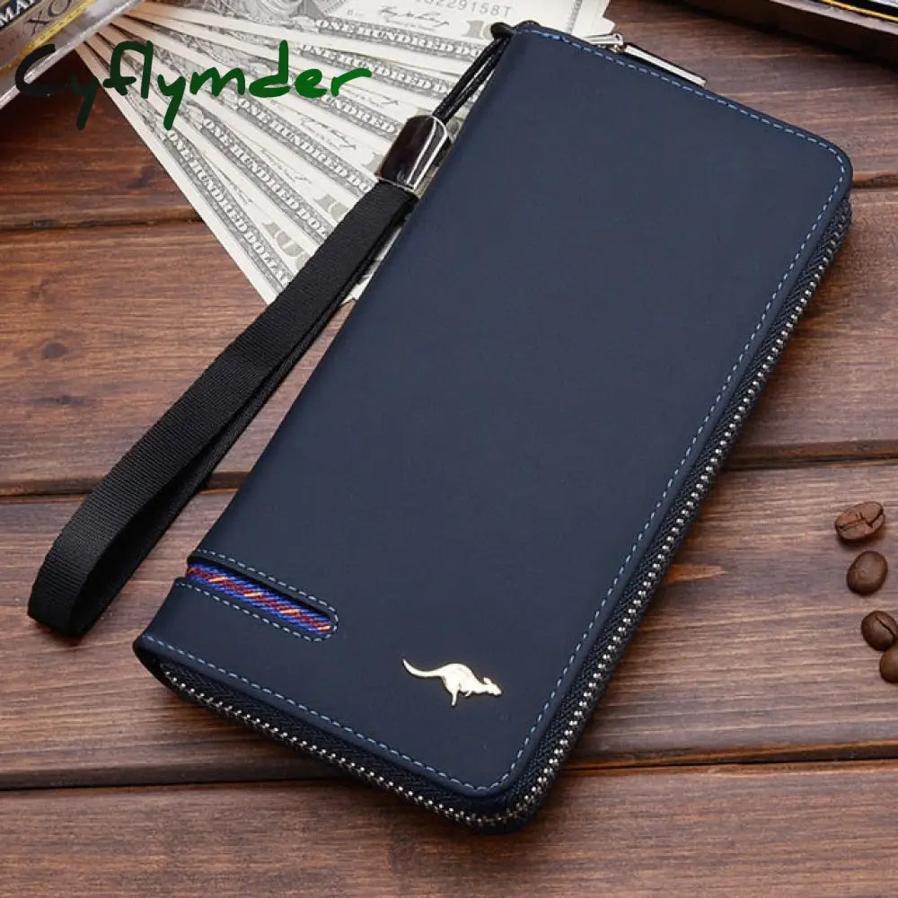 Cyflymder High Quality Men’s Leather Wallet Zipper Long Purse Big Capacity Clutch Phone Bag Wrist