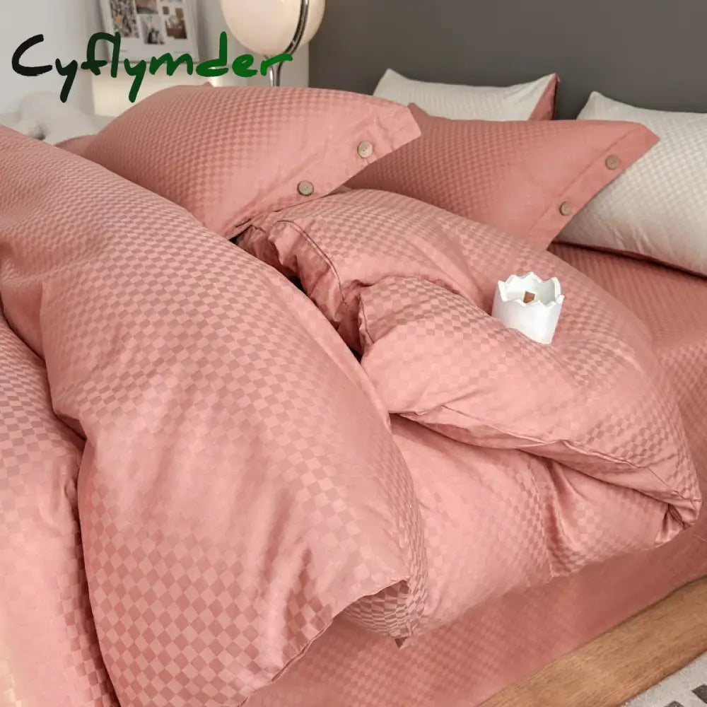 Cyflymder High Quality Plaid Jacquard Bedding Set 100% Cotton High End King Size Duvet Cover Set with Sheets Skin