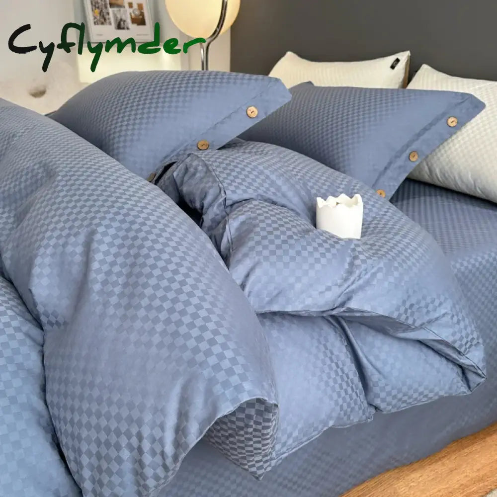 Cyflymder High Quality Plaid Jacquard Bedding Set 100% Cotton High End King Size Duvet Cover Set with Sheets Skin