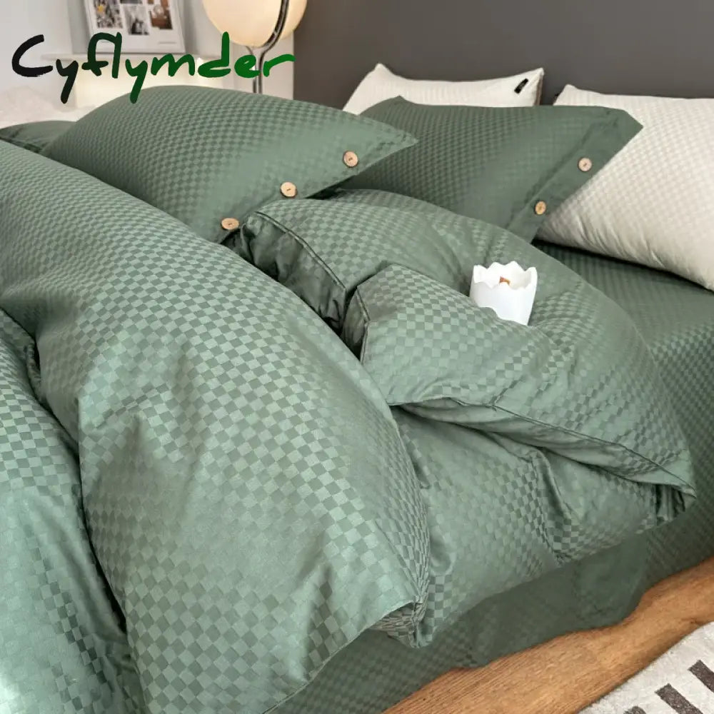 Cyflymder High Quality Plaid Jacquard Bedding Set 100% Cotton High End King Size Duvet Cover Set with Sheets Skin