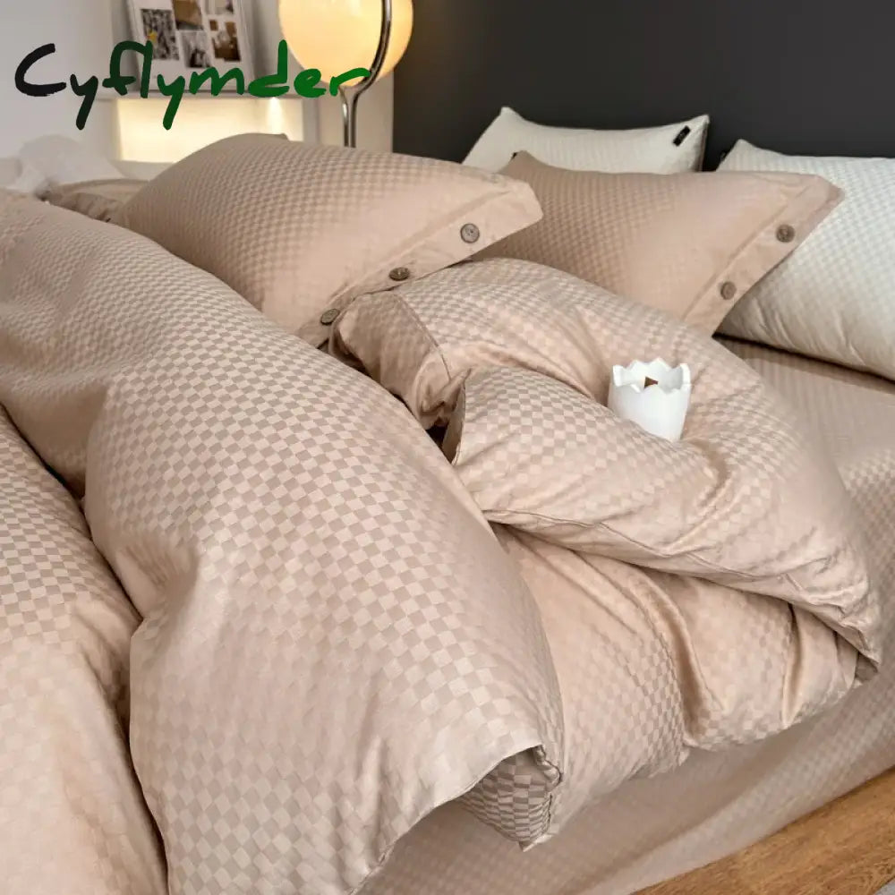 Cyflymder High Quality Plaid Jacquard Bedding Set 100% Cotton High End King Size Duvet Cover Set with Sheets Skin