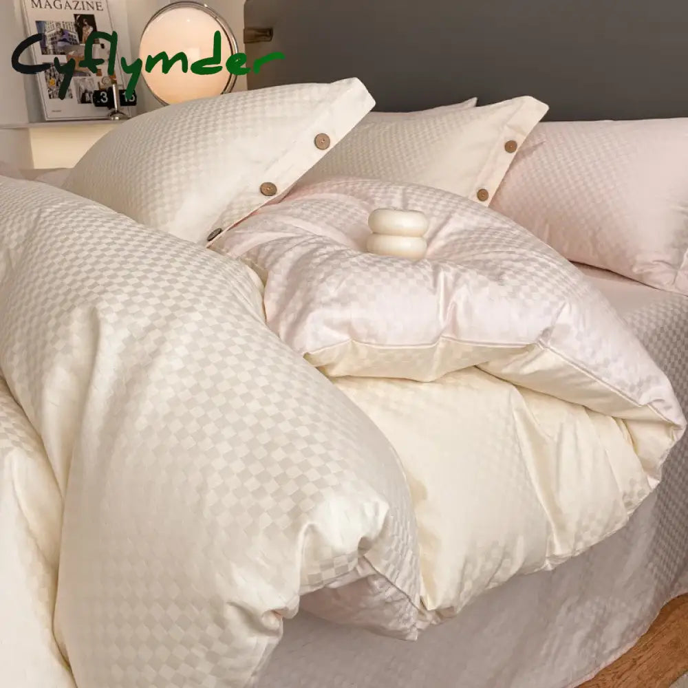 Cyflymder High Quality Plaid Jacquard Bedding Set 100% Cotton High End King Size Duvet Cover Set with Sheets Skin