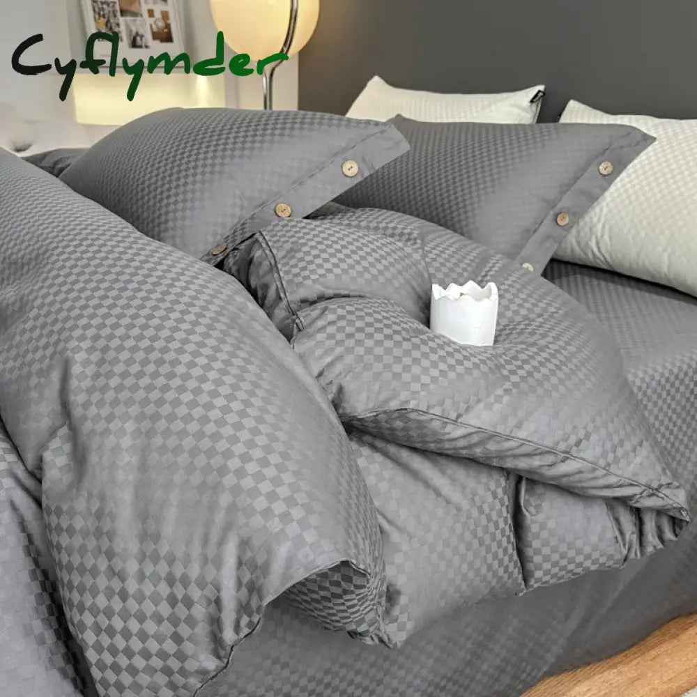 Cyflymder High Quality Plaid Jacquard Bedding Set 100% Cotton High End King Size Duvet Cover Set with Sheets Skin