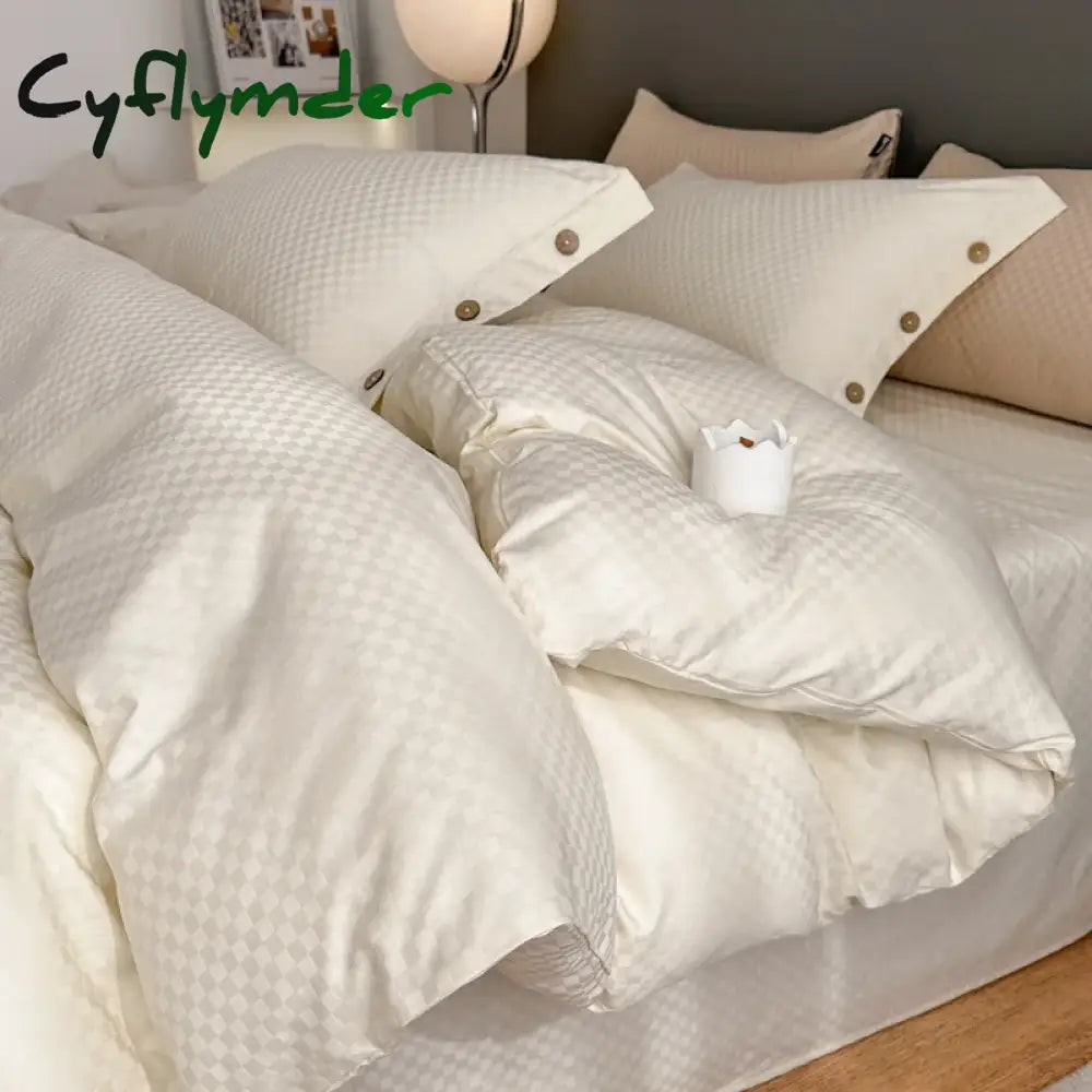 Cyflymder High Quality Plaid Jacquard Bedding Set 100% Cotton High End King Size Duvet Cover Set with Sheets Skin