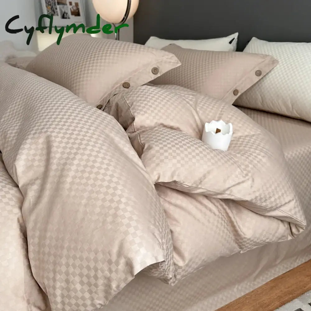 Cyflymder High Quality Plaid Jacquard Bedding Set 100% Cotton High End King Size Duvet Cover Set with Sheets Skin