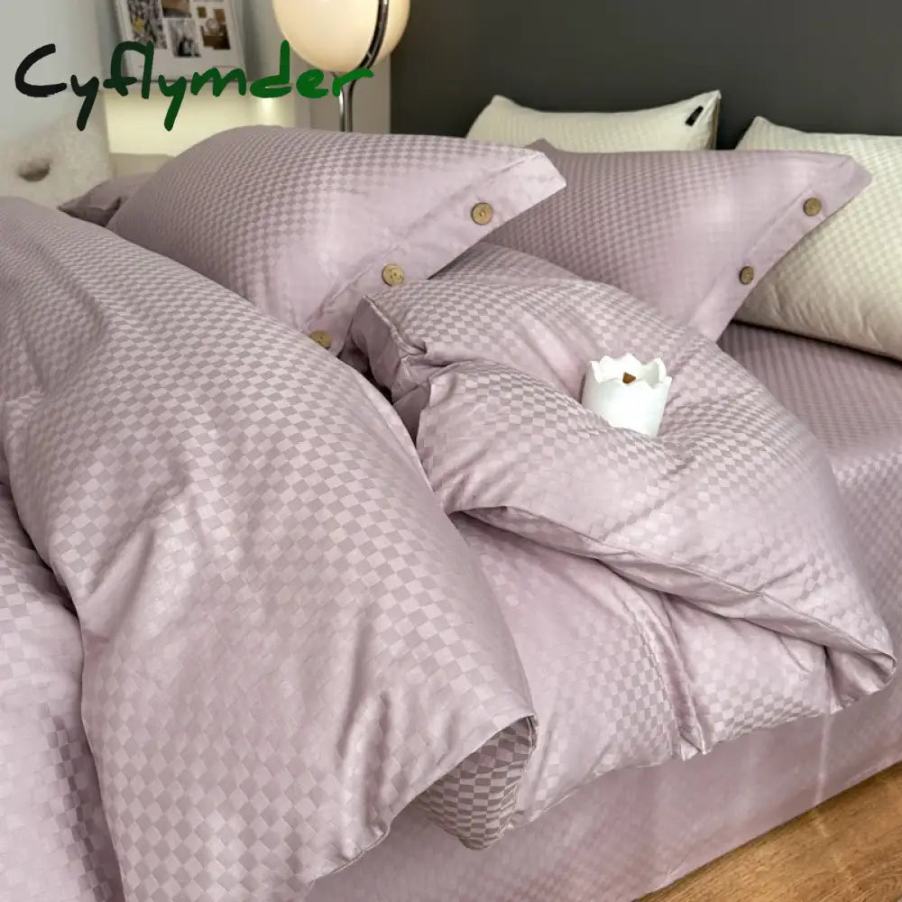 Cyflymder High Quality Plaid Jacquard Bedding Set 100% Cotton High End King Size Duvet Cover Set with Sheets Skin