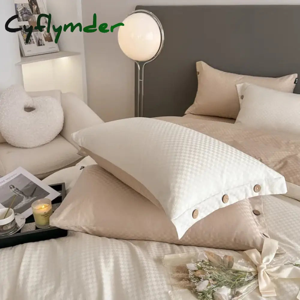 Cyflymder High Quality Plaid Jacquard Bedding Set 100% Cotton High End King Size Duvet Cover Set with Sheets Skin