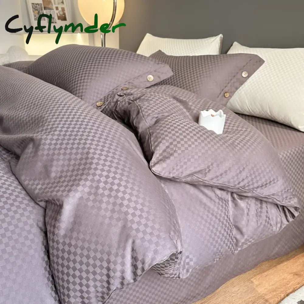 Cyflymder High Quality Plaid Jacquard Bedding Set 100% Cotton High End King Size Duvet Cover Set with Sheets Skin