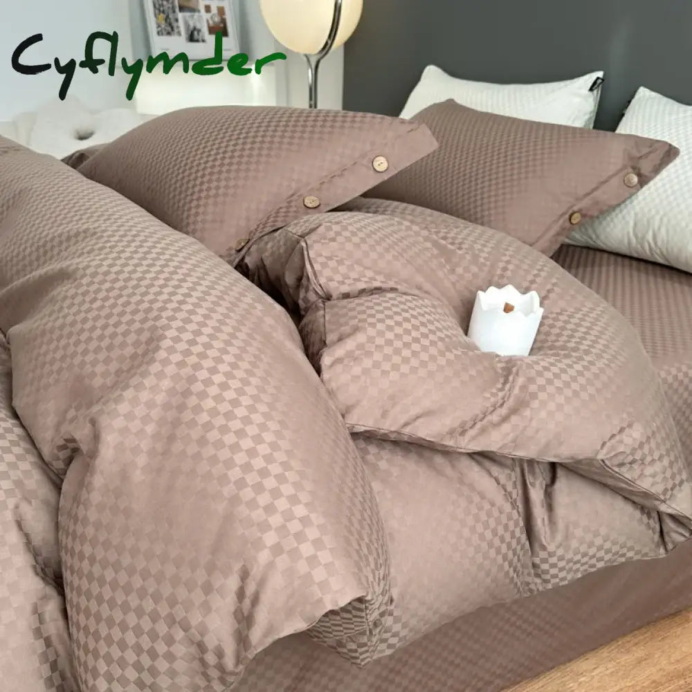 Cyflymder High Quality Plaid Jacquard Bedding Set 100% Cotton High End King Size Duvet Cover Set with Sheets Skin