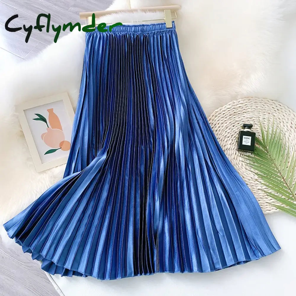 Cyflymder High Waist Satin Pleated Skirt Autumn Solid Color Black Pink Blue White Long For Women