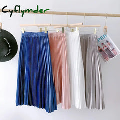 Cyflymder High Waist Satin Pleated Skirt Autumn Solid Color Black Pink Blue White Long For Women