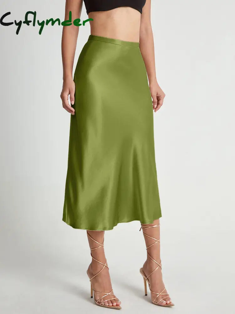Cyflymder- High Waisted Satin Flowy Midi Skirt Dark Green / Xs Skirts