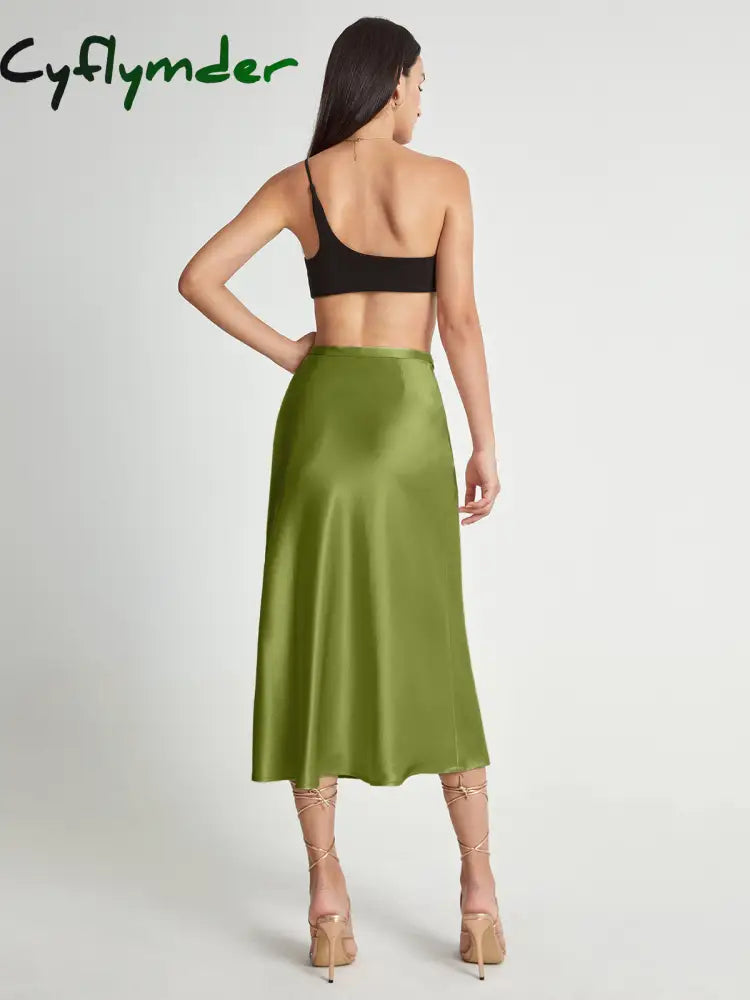 Cyflymder- High Waisted Satin Flowy Midi Skirt Skirts