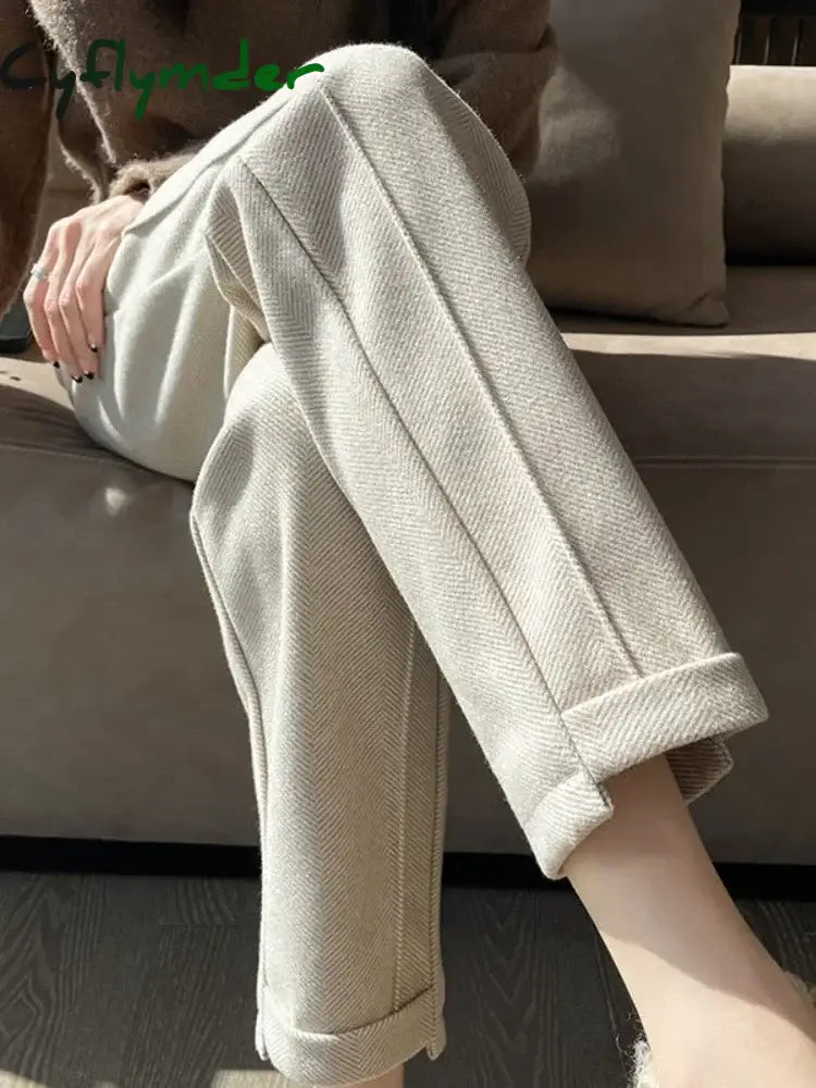 Cyflymder High-waisted Tweed Straight Pants Autumn/Winter New Women’ S Pants Loose Casual Herringbone Warm Thickened