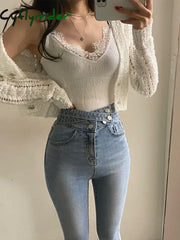 Cyflymder High Waisted Women’s Jeans With Staggered Button Design Tight Elastic Leg Pants Korean