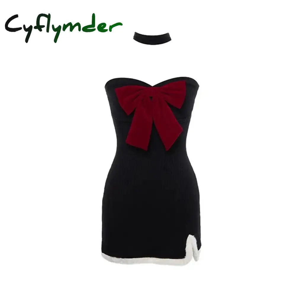 Cyflymder holiday dress Japanese Kawaii 2 Piece Set Women Sexy Sweet Bow Party Mini Dress Plush Cropped Coat Suit