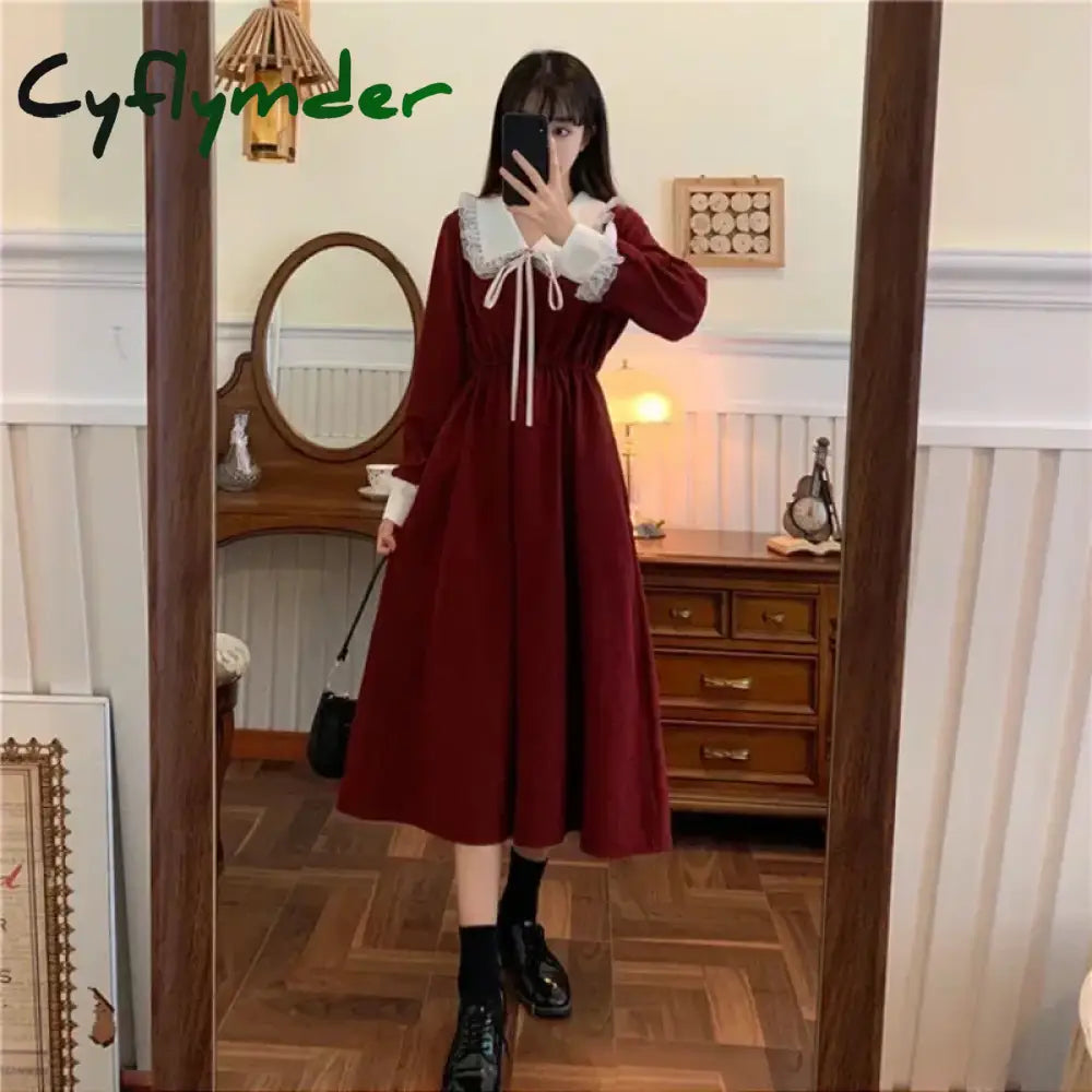 Cyflymder holiday dress New Vintage Shirt Dress Women Autumn Spring Long Sleeve Robe Kawaii Lolita Elegant Midi Dresses