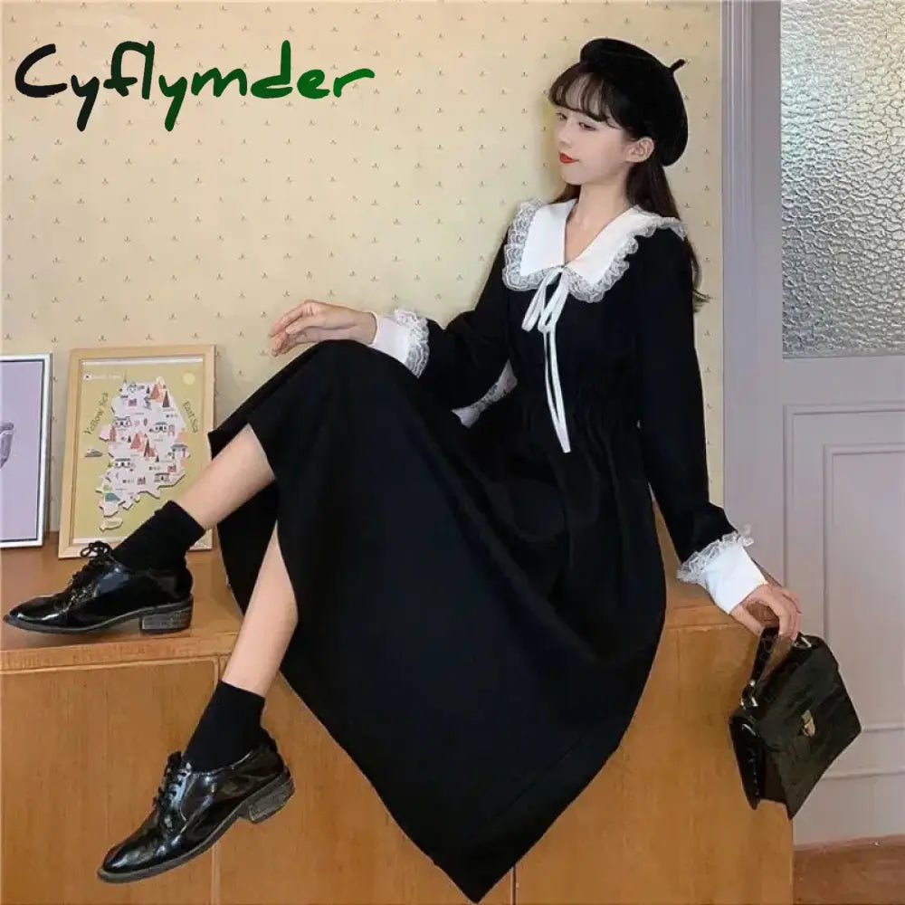 Cyflymder holiday dress New Vintage Shirt Dress Women Autumn Spring Long Sleeve Robe Kawaii Lolita Elegant Midi Dresses