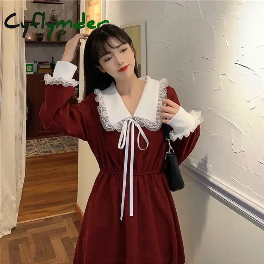 Cyflymder holiday dress New Vintage Shirt Dress Women Autumn Spring Long Sleeve Robe Kawaii Lolita Elegant Midi Dresses