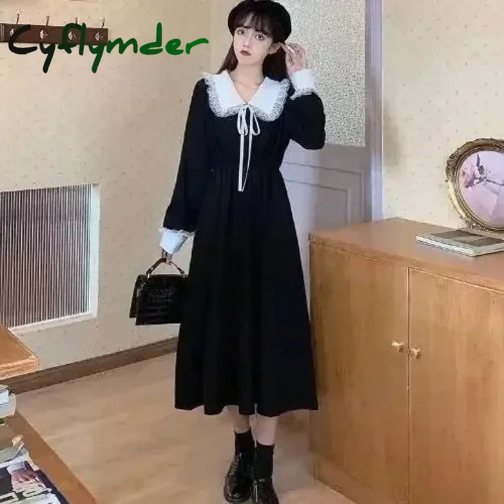 Cyflymder holiday dress New Vintage Shirt Dress Women Autumn Spring Long Sleeve Robe Kawaii Lolita Elegant Midi Dresses