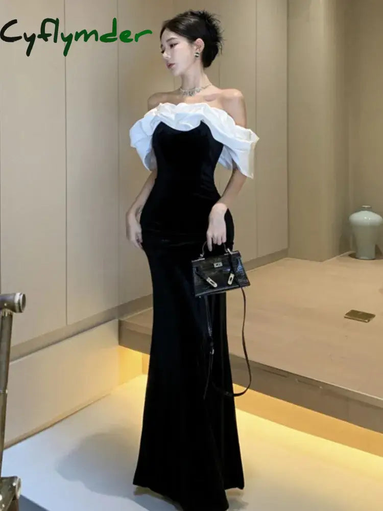 Cyflymder holiday dress Sexy Off Shoulder Party Dress for Women Slim Waist French Patchwork Elegant Lady New Fashion