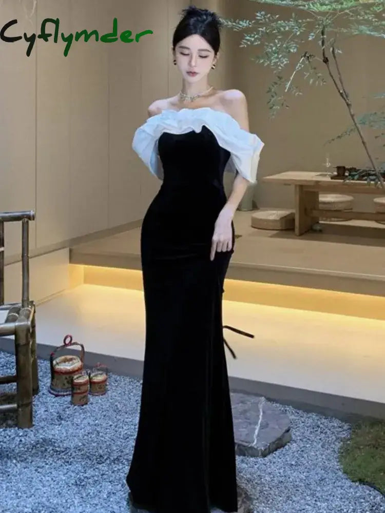 Cyflymder holiday dress Sexy Off Shoulder Party Dress for Women Slim Waist French Patchwork Elegant Lady New Fashion