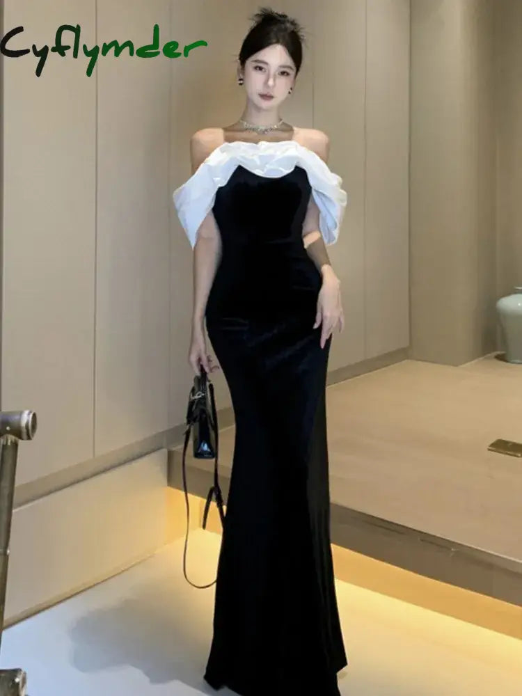 Cyflymder holiday dress Sexy Off Shoulder Party Dress for Women Slim Waist French Patchwork Elegant Lady New Fashion