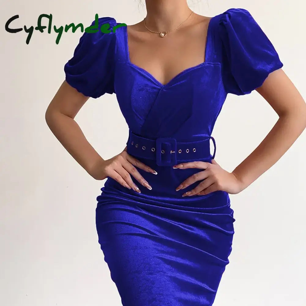 Cyflymder holiday dress Spring New Solid Color Tunic Waist Show Chest Sexy Low Neck Bubble Sleeves Velvet Wrapped Hip