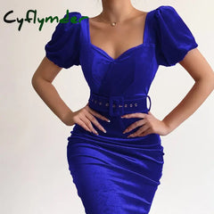Cyflymder holiday dress Spring New Solid Color Tunic Waist Show Chest Sexy Low Neck Bubble Sleeves Velvet Wrapped Hip