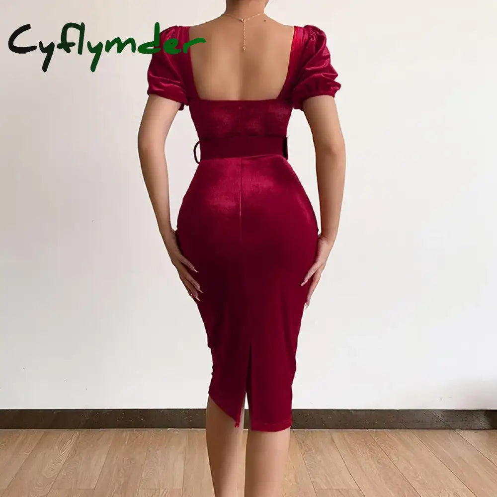 Cyflymder holiday dress Spring New Solid Color Tunic Waist Show Chest Sexy Low Neck Bubble Sleeves Velvet Wrapped Hip