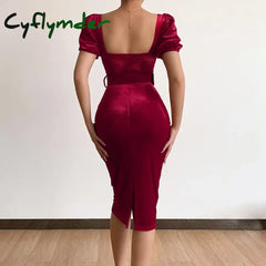 Cyflymder holiday dress Spring New Solid Color Tunic Waist Show Chest Sexy Low Neck Bubble Sleeves Velvet Wrapped Hip