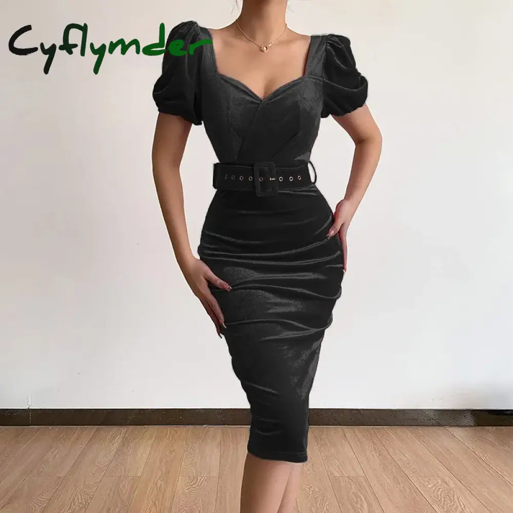 Cyflymder holiday dress Spring New Solid Color Tunic Waist Show Chest Sexy Low Neck Bubble Sleeves Velvet Wrapped Hip