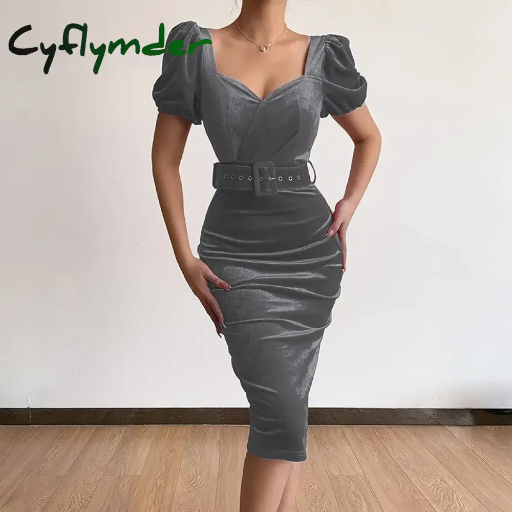 Cyflymder holiday dress Spring New Solid Color Tunic Waist Show Chest Sexy Low Neck Bubble Sleeves Velvet Wrapped Hip