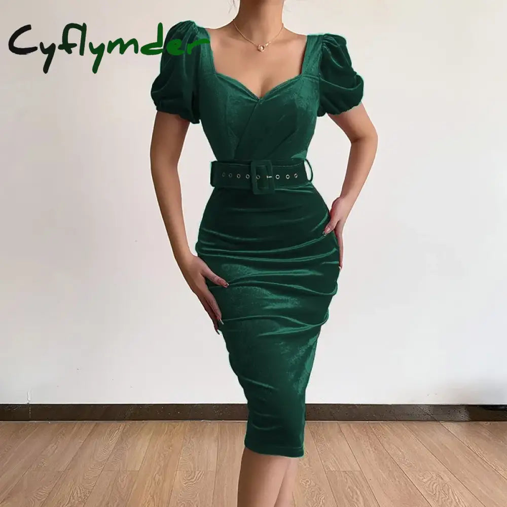 Cyflymder holiday dress Spring New Solid Color Tunic Waist Show Chest Sexy Low Neck Bubble Sleeves Velvet Wrapped Hip