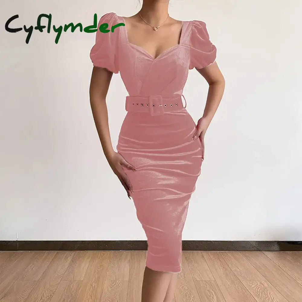 Cyflymder holiday dress Spring New Solid Color Tunic Waist Show Chest Sexy Low Neck Bubble Sleeves Velvet Wrapped Hip
