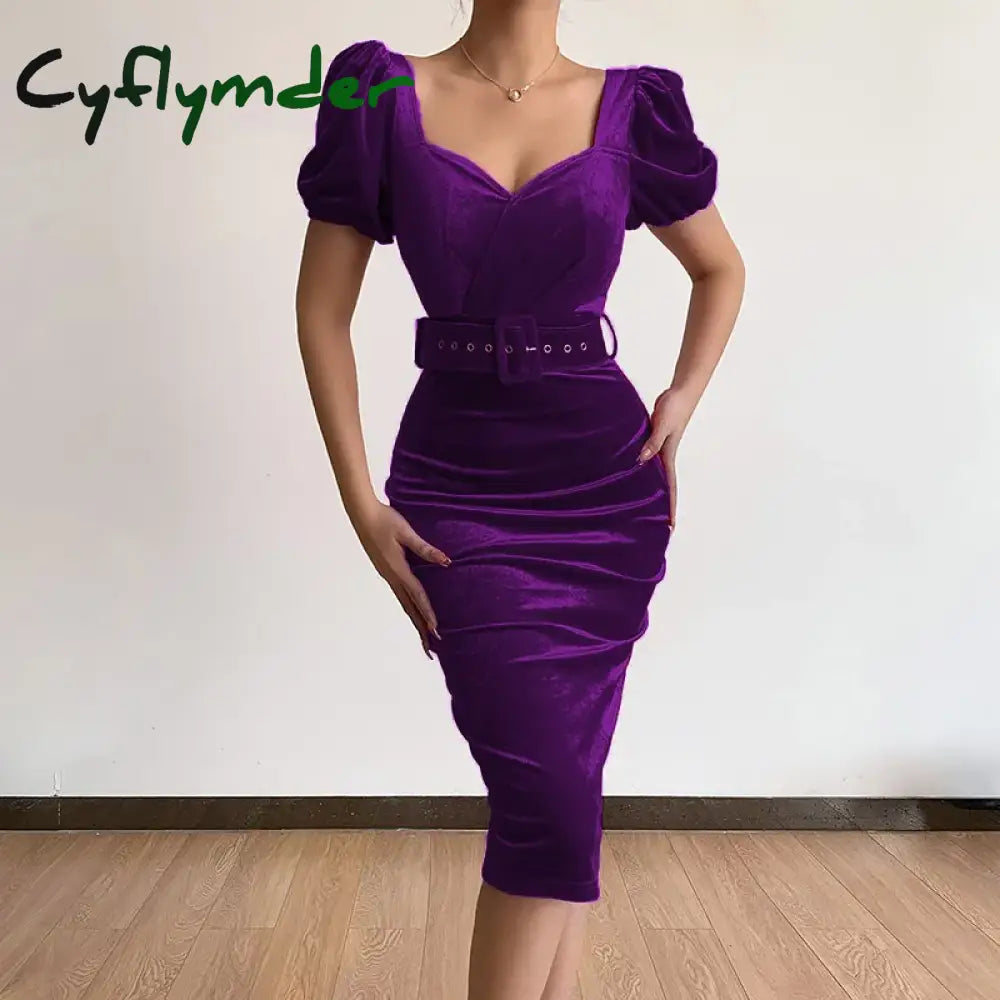 Cyflymder holiday dress Spring New Solid Color Tunic Waist Show Chest Sexy Low Neck Bubble Sleeves Velvet Wrapped Hip