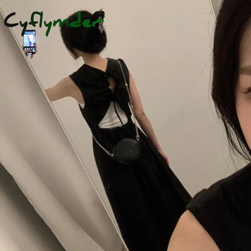 Cyflymder Hollow Out Dress Women Elegant Solid Sleeveless A Line Midi Dresses Summer Korean
